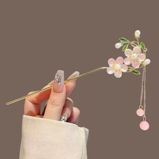 HA 05 Pink Floral Hair Stick with Dangling Drop - Retro korean Style ( 1 pc )