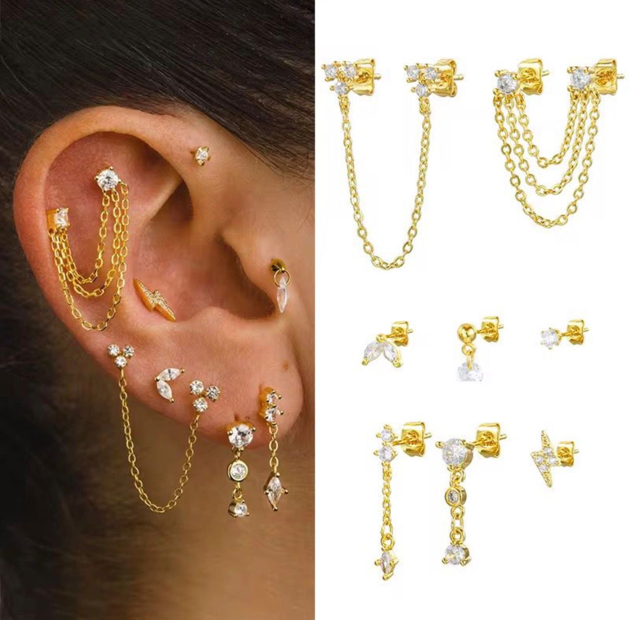 MSJ01E  piece Zircon Earring stack stud set  - 18k Gold PVD plated - Anti tarnish