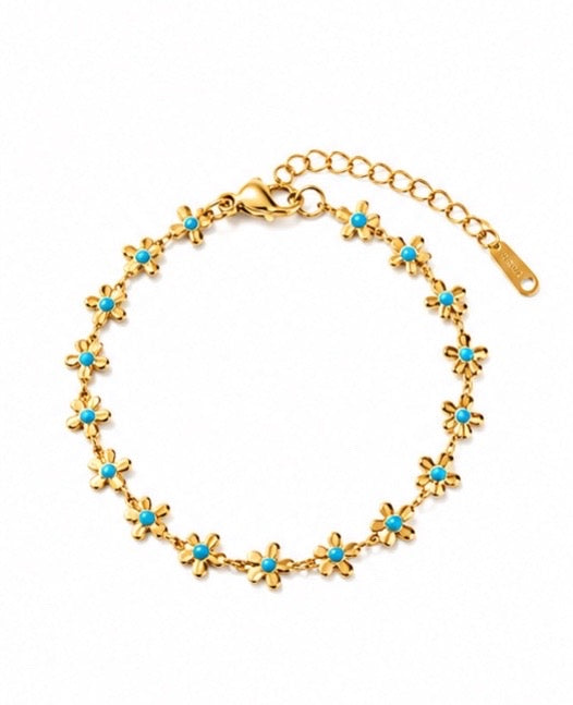 BSJ12C BLUE FLORAL BRACELET  - 18k Gold PVD plated 316 stainless steel - Anti tarnish