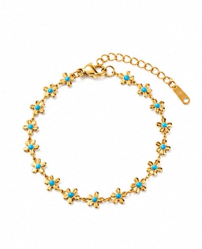 BSJ12C BLUE FLORAL BRACELET  - 18k Gold PVD plated 316 stainless steel - Anti tarnish