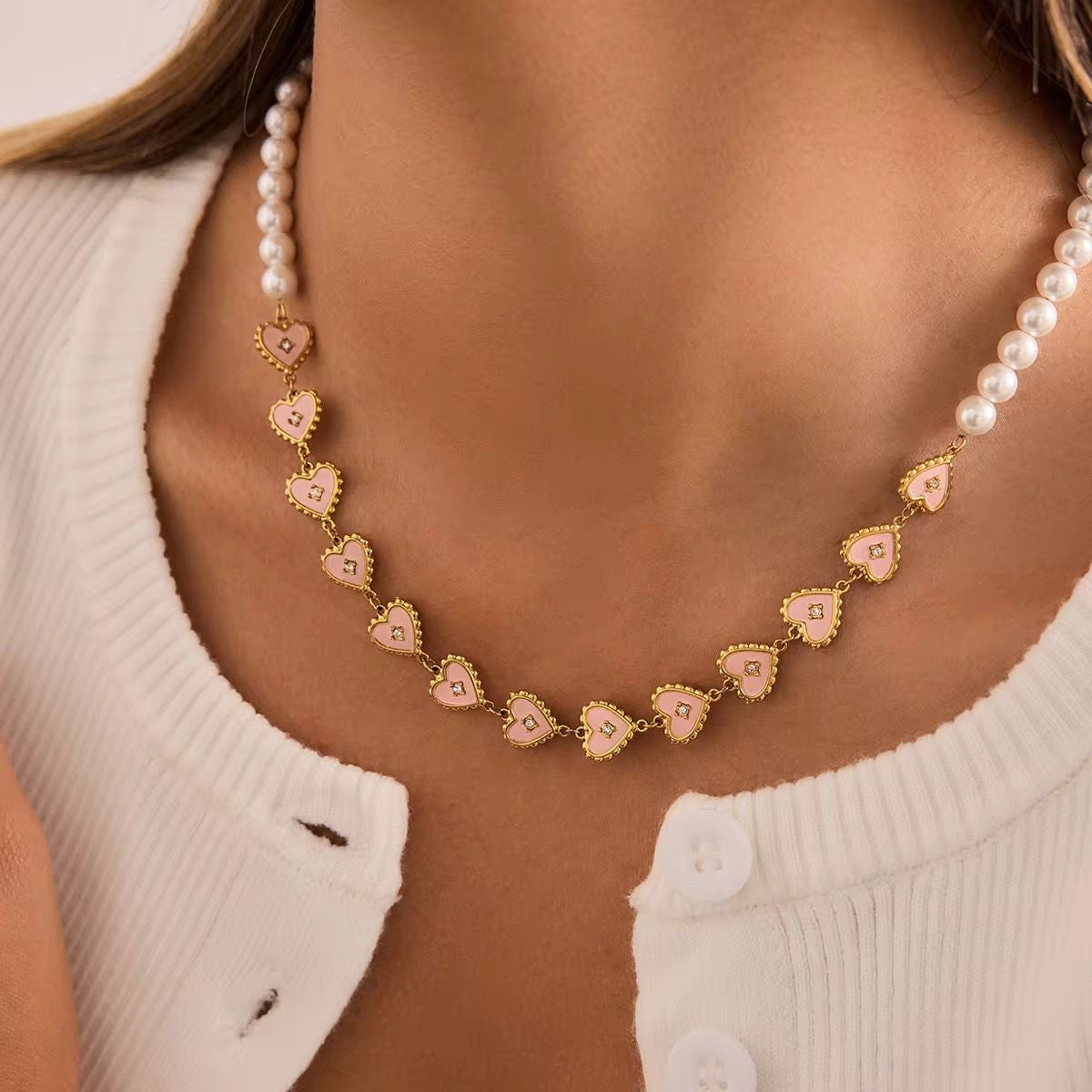 NSJ22E Pink Heart pearl  Necklace - 18k gold PVD plated 316 stainless steel - Anti tarnish