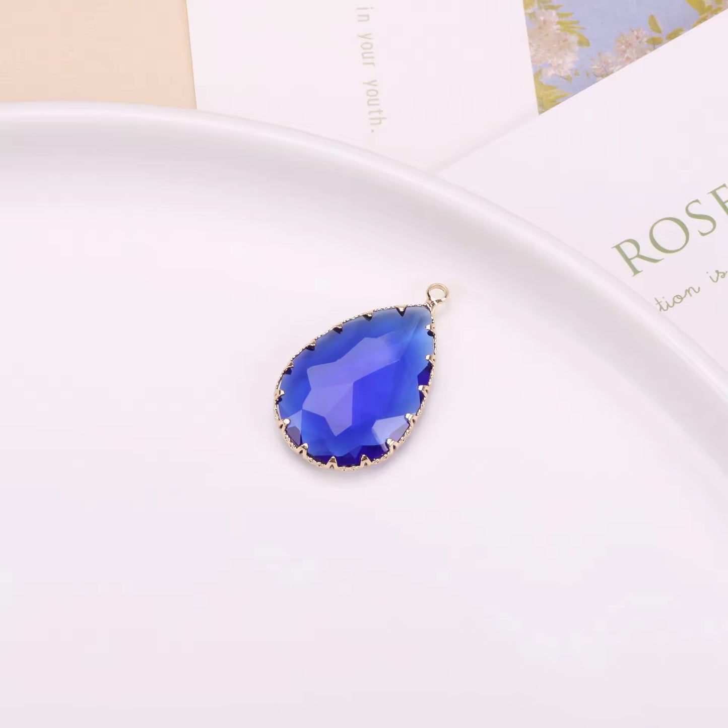 GPC11 I (1) Dark Blue Teardrop Charm 14k gold plated Zircon crystal  ( 1 pc ) Anti tarnish ( 20*30 mm )