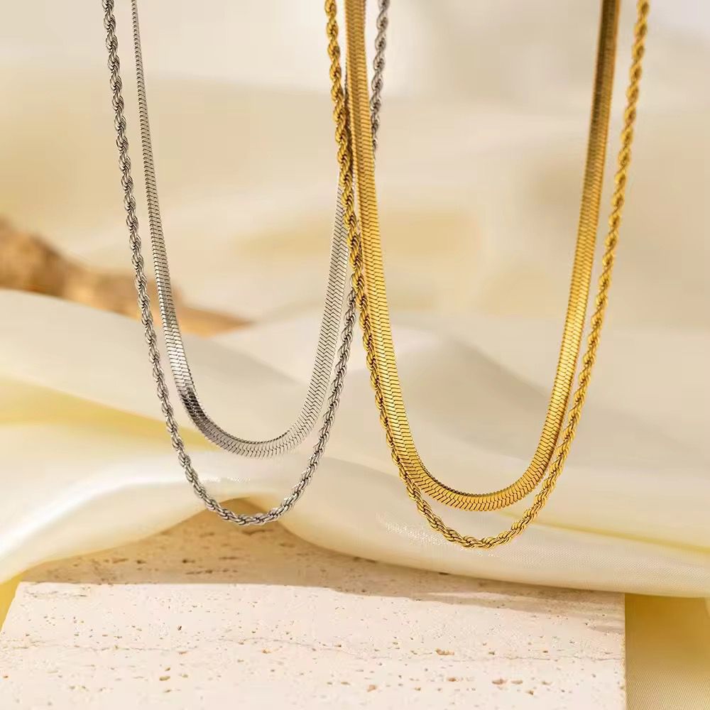 NSJ42E Duo Layer Snake Chain Necklace Silver PVD plated