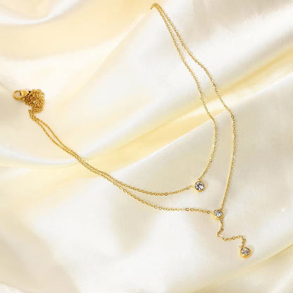 NSJ24F Dainty zircon double layer necklace - 18k Gold PVD plated stainless steel - Anti tarnish