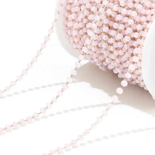 CN 237 Light Pink Glass faceted beaded crystal gold Stainless steel chain ( 1 feet )Anti tarnish
