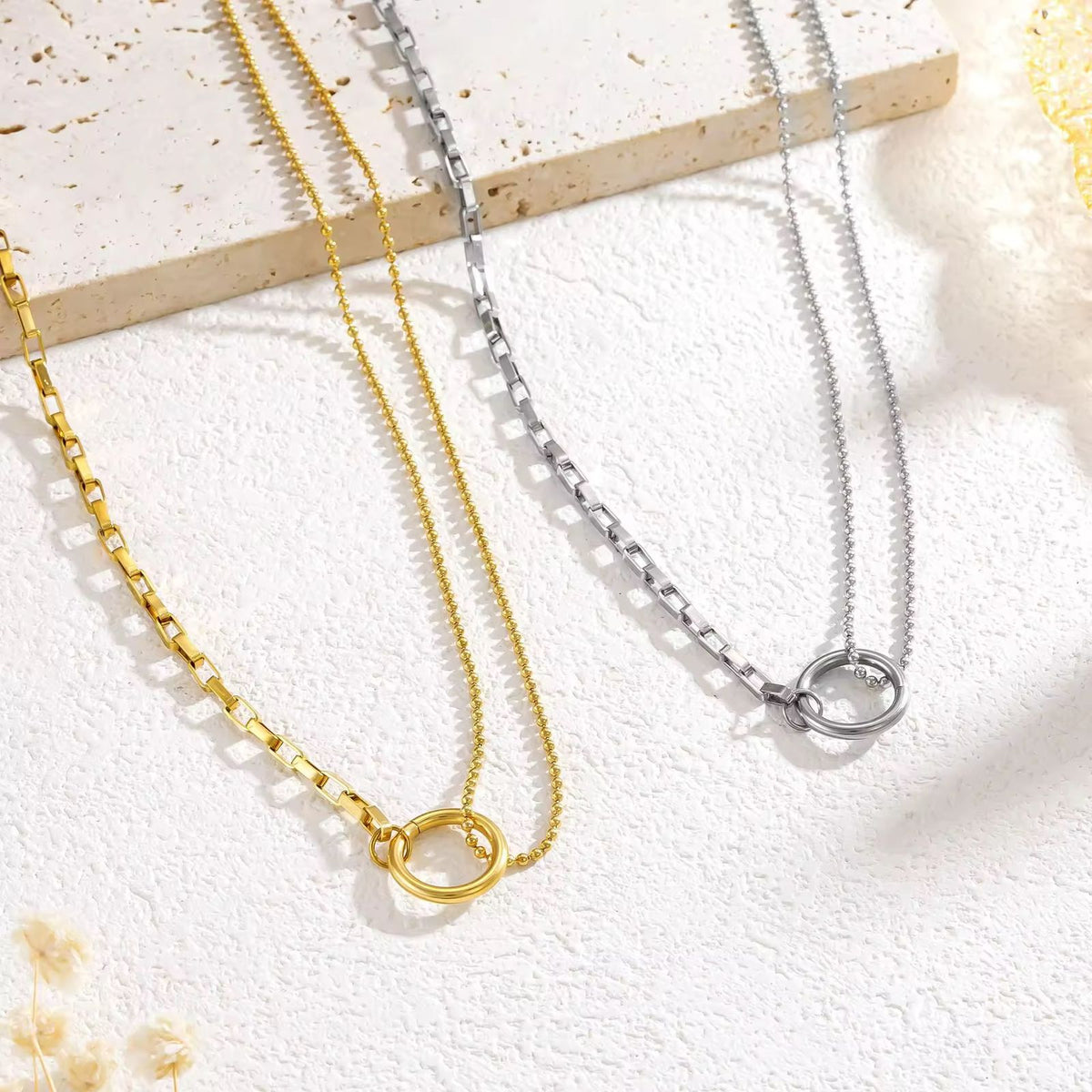 NSJ33C Ring Double layer Necklace - 18k Gold PVD plated