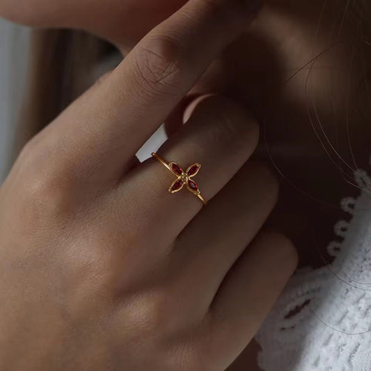SJ 722 Pink Toned Zircon Flower Dainty Ring Adjustable  - 18k Gold PVD plated stainless steel - Anti tarnish