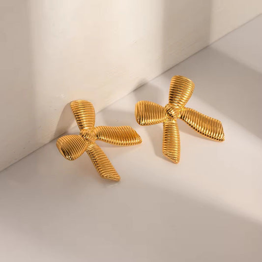 SJ 534 striped bow stud earrings - 18k Gold PVD plated stainless steel - Anti tarnish