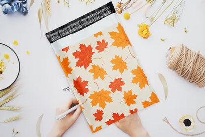 Autumn Leaves Poly Mailer Bag -  Waterproof & Double sided - Designer Premium Packaging ( 10:13 inch )