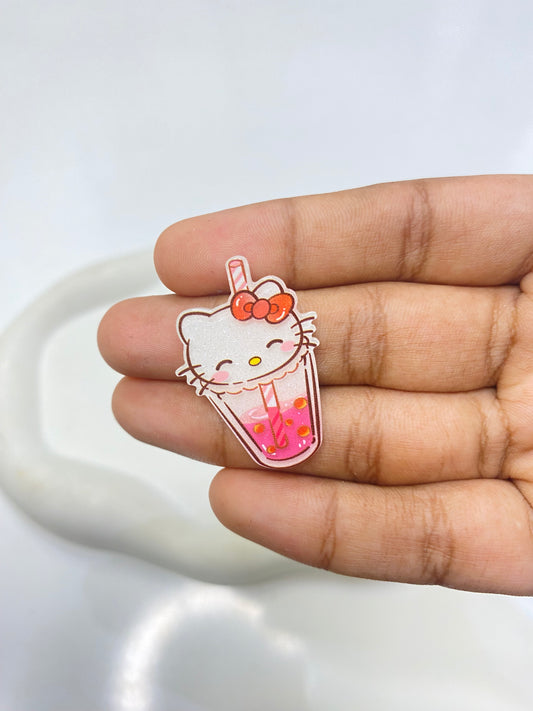 BBB 087 (e) Hello kitty With a boba drink flat acrylic charm ( 1 pc )