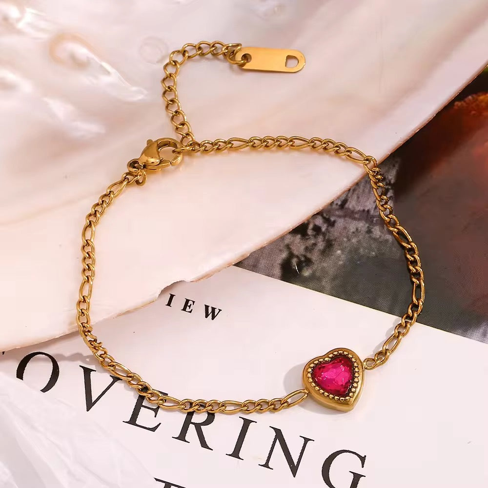 SJ 417 Red Zircon Heart Figaro Bracelet- Premium 18k Gold PVD plated stainless steel - Anti tarnish - Wholesale