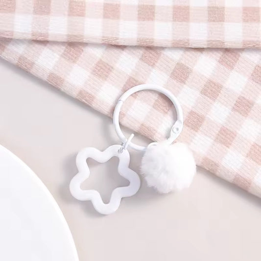 BBB 271 (a) White Star Keychain with Fur Ball - Keyring Clasp( 1 pc ) ( 3:3:2 cm )