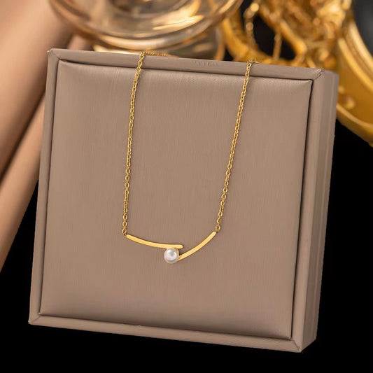 NSJ11B Dainty Pearl Necklace - 18k Gold PVD plated 316 stainless steel - Anti tarnish