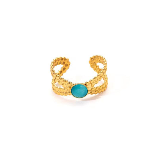 SJ 896 Turquoise Beaded pattern Cross Unisex ring adjustable - 18k Gold PVD plated stainless steel - Anti tarnish