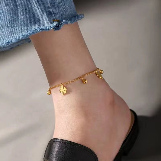 SJ 709 Korean Style Clover Leaf Bell Dangling Anklet - 18k Gold PVD plated stainless steel - Anti tarnish