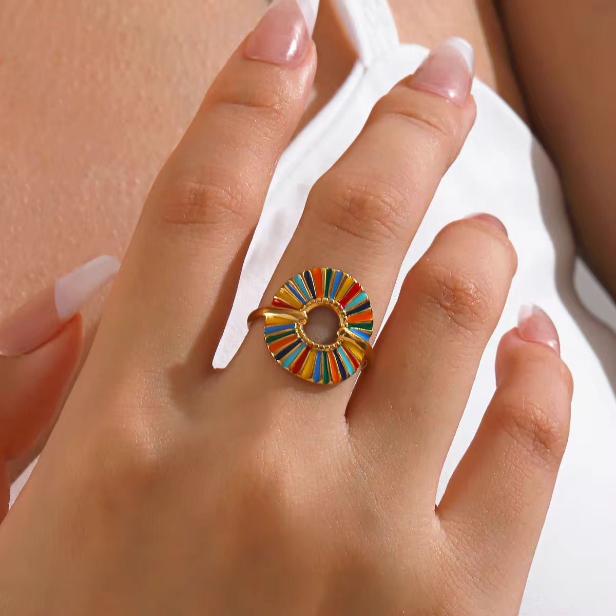 SJ 502 colourful oil drip ring adjustable - 18k Gold PVD plated stainless steel - Anti tarnish - Wholesale