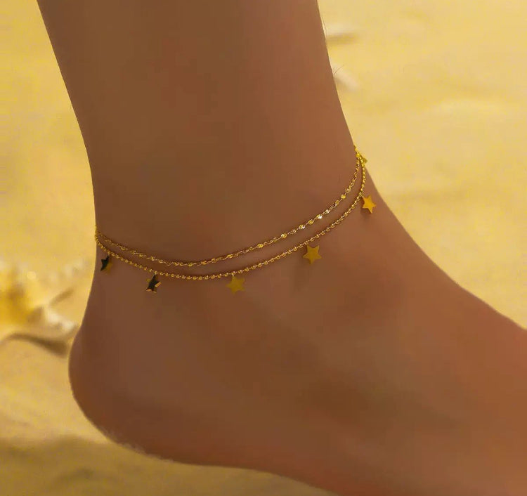 AKJ01E Stary double layer star Anklet 18k Gold PVD plated