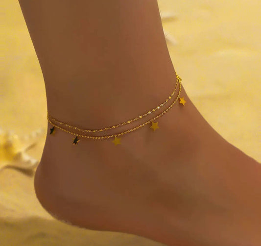 AKJ01E Stary double layer star Anklet 18k Gold PVD plated