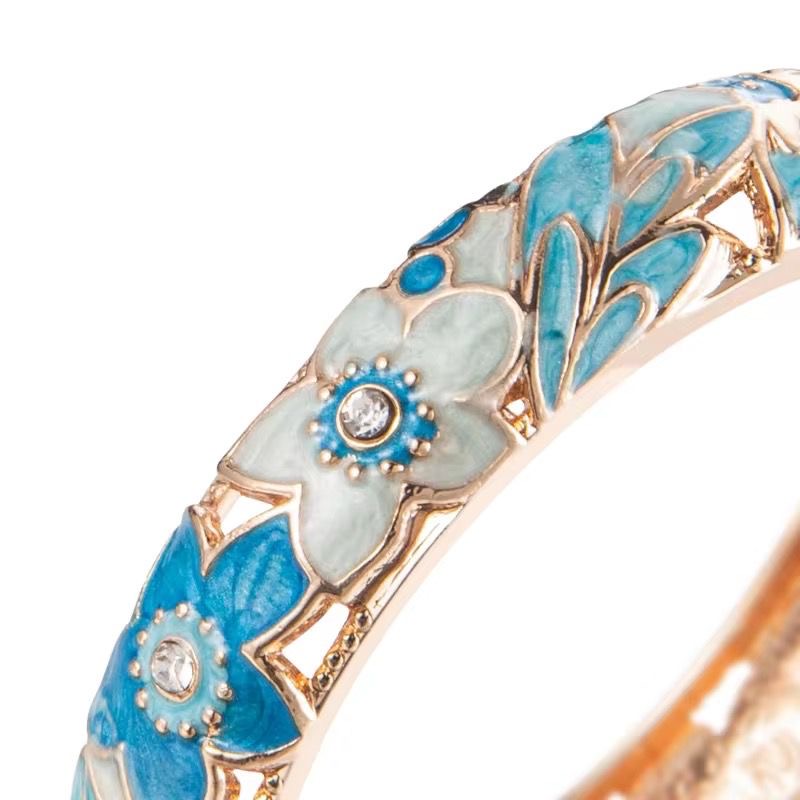 GP 08 Blue colourful Floral 10mm Cuff Bracelet 14k gold plated  - Anti tarnish