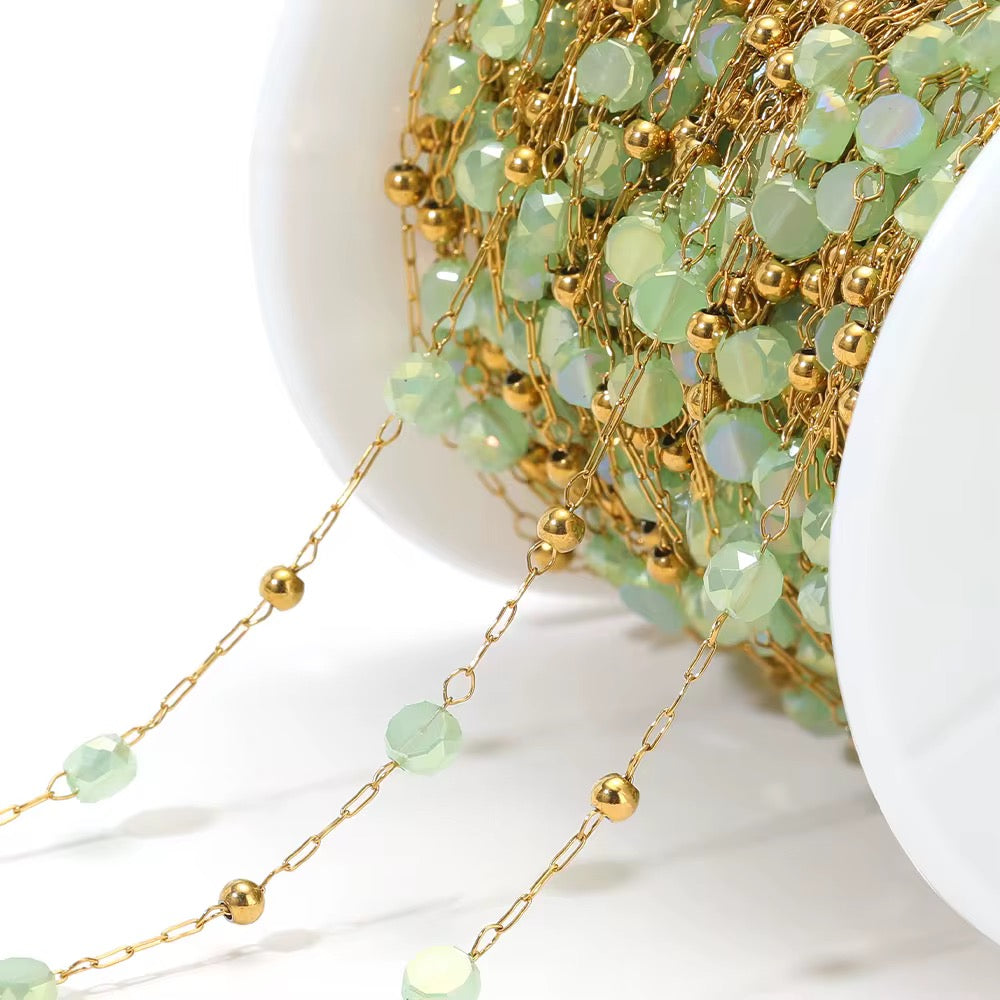 DIYS225 Light Green Round Crystal Handmade 18k Gold PVD Plated Chain ( 1 feet )