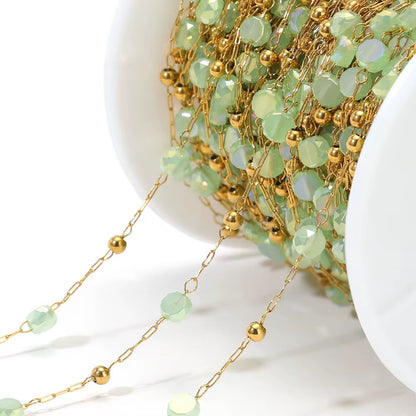 DIYS225 Light Green Round Crystal Handmade 18k Gold PVD Plated Chain ( 1 feet )