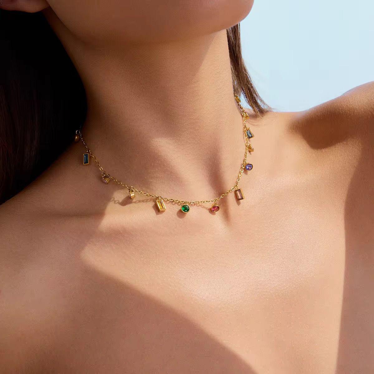 SJ 985 Colourful Zircon Dainty Necklace - 18k Gold PVD plated stainless steel - Anti tarnish