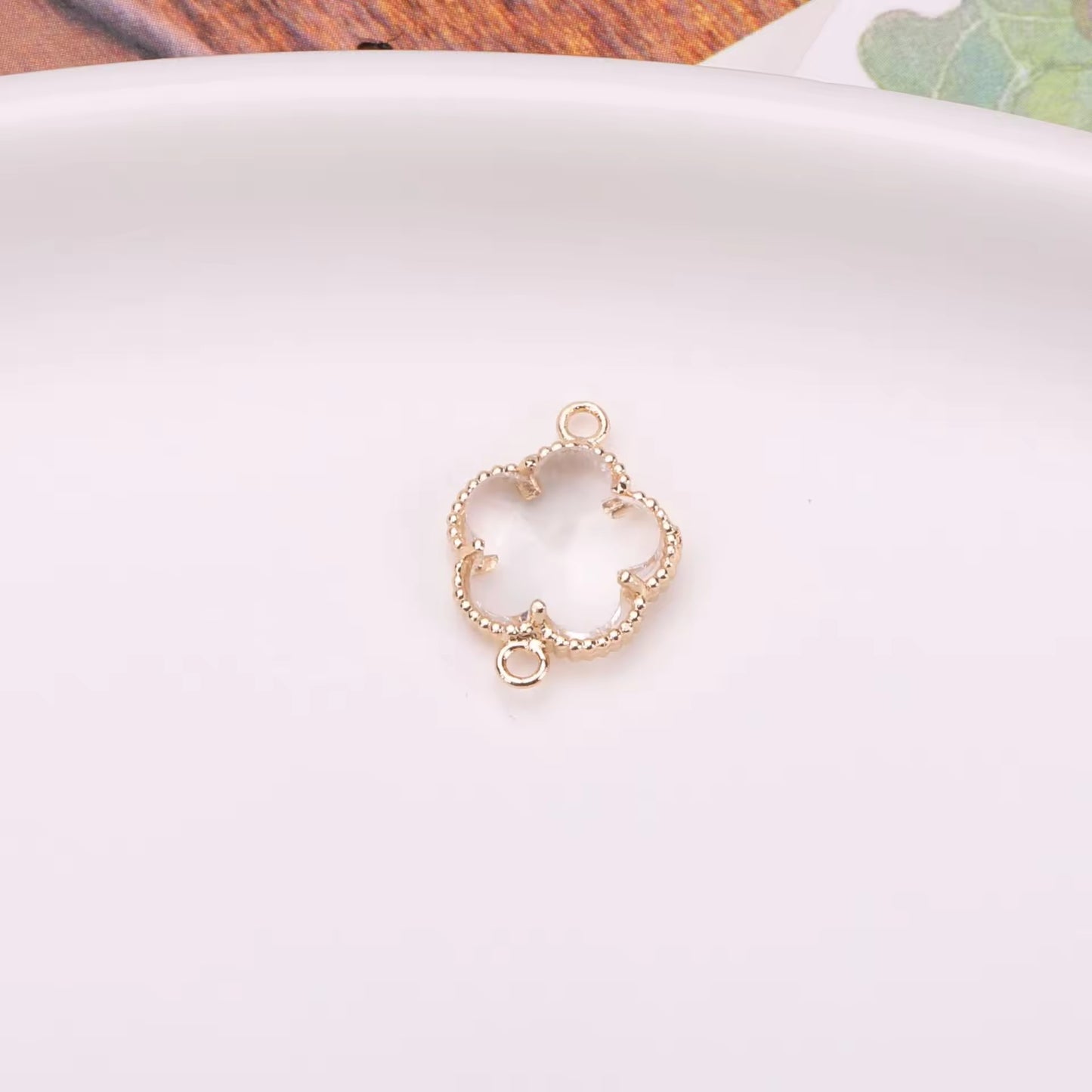 BBB 207 (a) Clear Plum Blossom 14k gold plated Zircon Crystal Connector ( 1 pc ) Anti tarnish ( 11:7 mm )