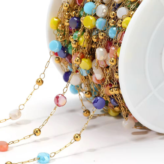 CN 341 Colourful round crystal  Handmade gold 316 Stainless steel chain ( 1 feet ) Anti tarnish