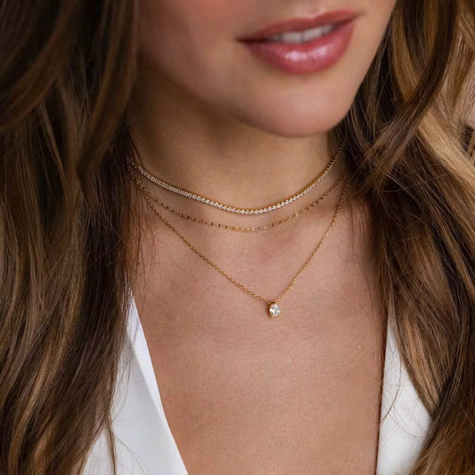 NSJ34B Modern Tennis Clavicle Zircon Necklace - 18k Gold PVD plated 316 stainless steel - Anti tarnish