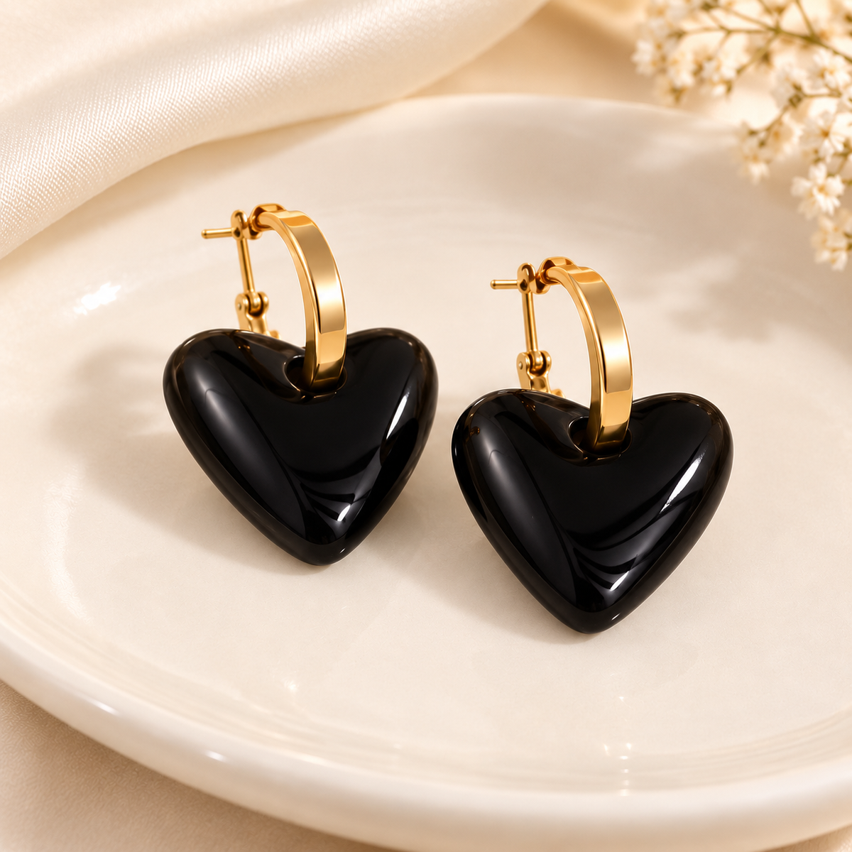 ESJ30D Noir Gloss Heart Hoops 18k Gold PVD plated