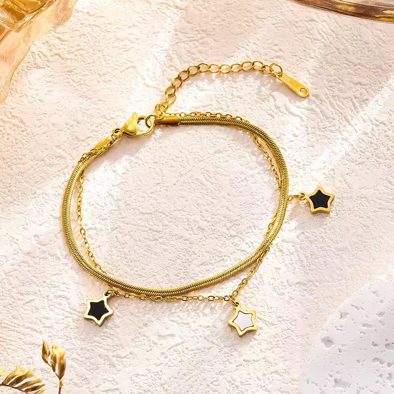 SJ 387 Black and white star double layer bracelet - 18k gold PVD plated stainless steel - Anti tarnish - Wholesale