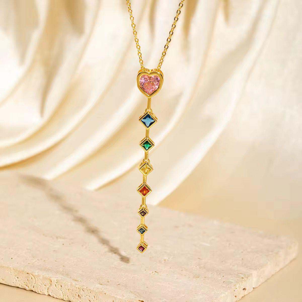 NSJ32E pink zircon heart colorful Necklace - 18k Gold PVD plated
