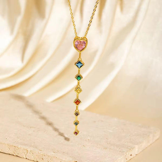 NSJ32E pink zircon heart colorful Necklace - 18k Gold PVD plated