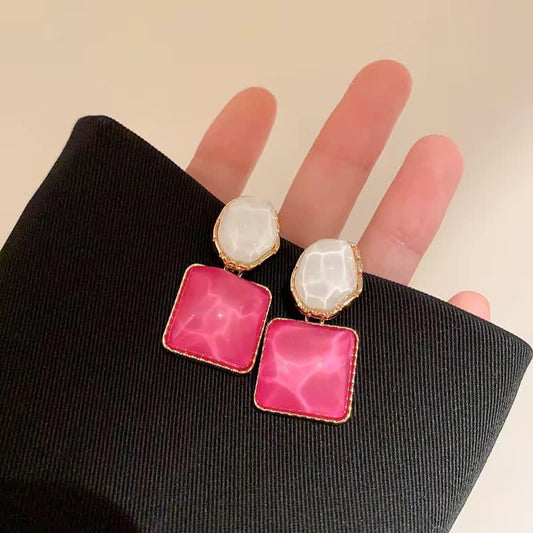SJ 1009 Pink Drop Marble Square Diamond Stud Earring - Anti tarnish