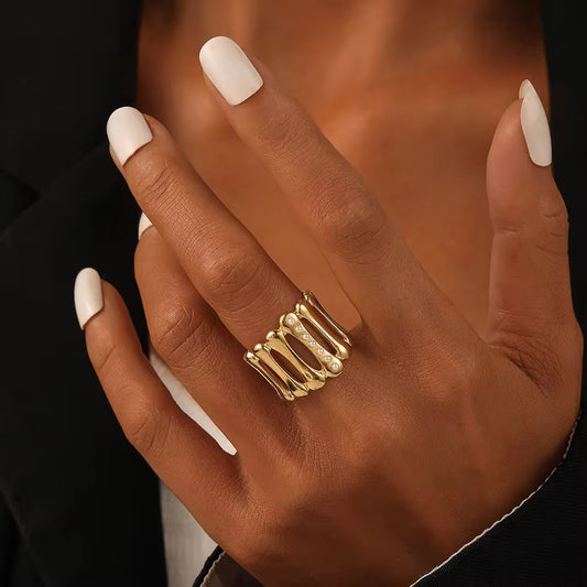 RSJ01G Zircon stripe ring adjustable -18k gold PVD plated 316 stainless steel - Anti tarnish