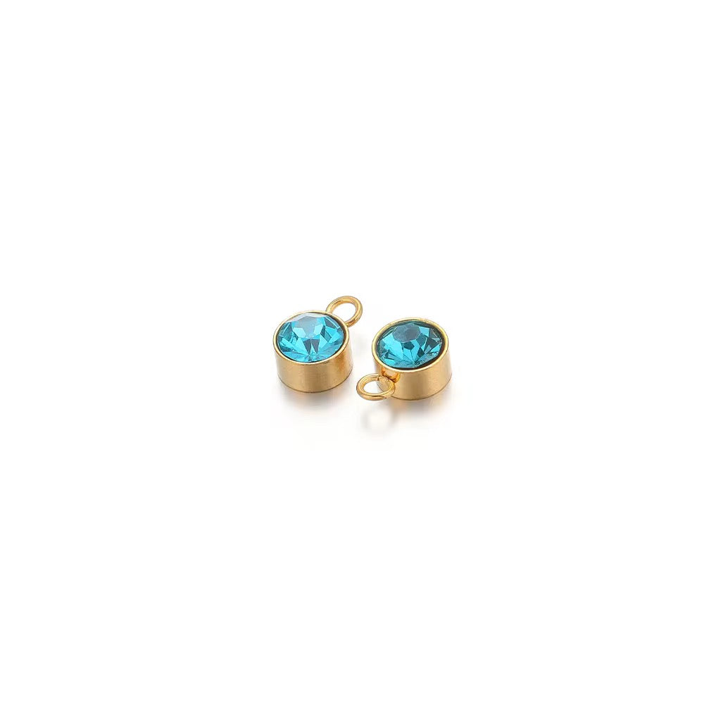 BBB 287 (a) Light Blue Zircon Round Charm 18k Gold PVD plated 316 stainless steel ( 1 pc ) Anti tarnish ( 8 mm )