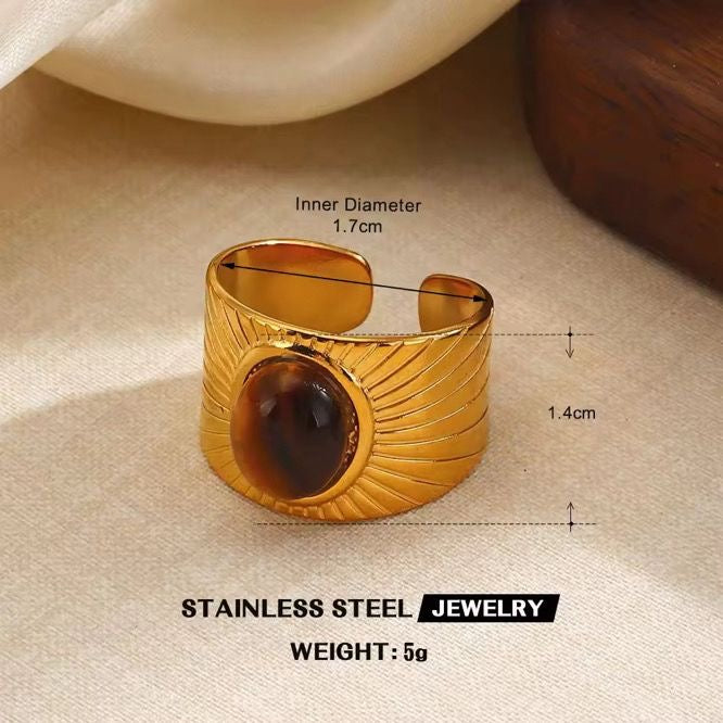 RSJ14E  Tiger stone adjustable rings  -  18k Gold PVD plated stainless steel - Anti tarnish