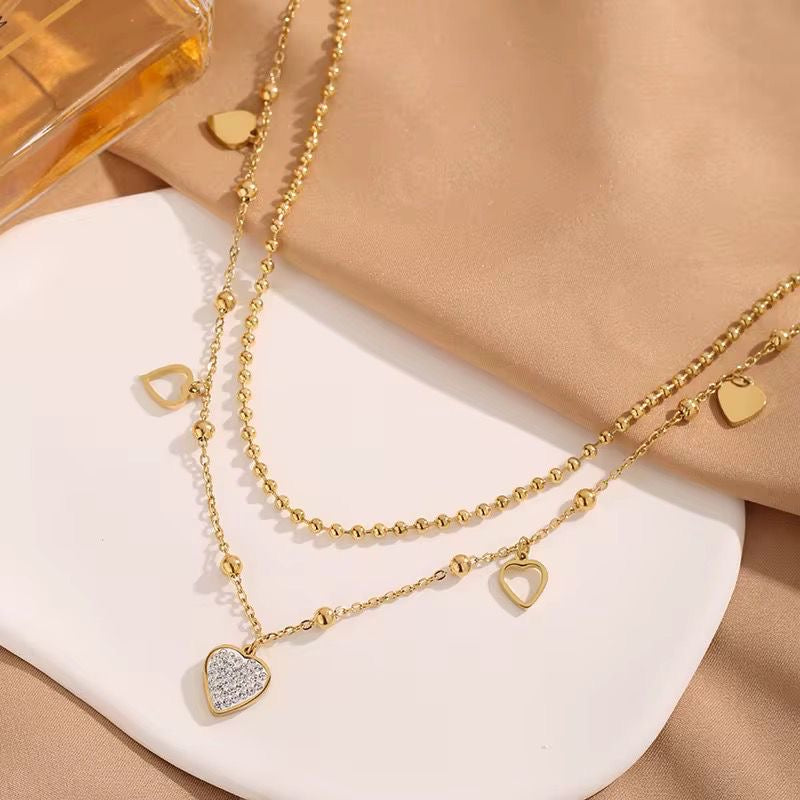 SJ 752 Zircon heart Double layer Necklace - 18k Gold PVD plated stainless steel - Anti tarnish