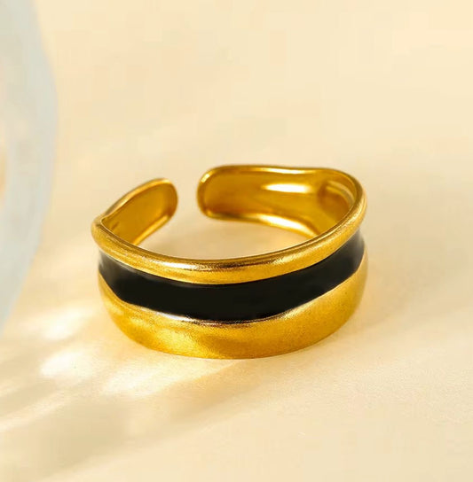SJ 905 layered Black Enamel Ring Adjustable - 18k Gold PVD plated stainless steel - Anti tarnish