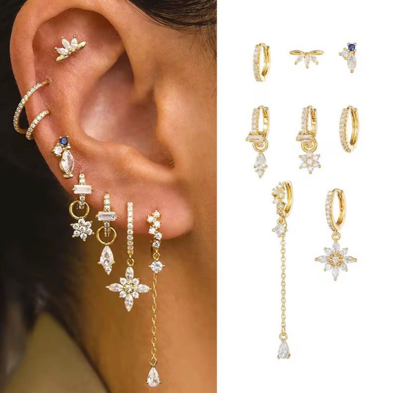MSJ01G -8 piece Zircon Earring stack stud set - 18k Gold PVD plated  - Anti tarnish
