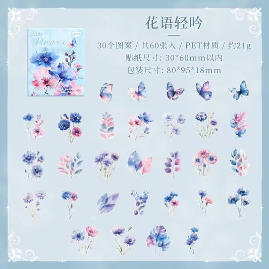 Blue Floral vintage Waterproof UV Resistant sticker ( 1 pack - 60 piece )