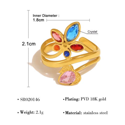SJ 924 Zircon Leaf Floral Ring Adjustable - 18k Gold - 18k Gold PVD plated stainless steel - Anti tarnish