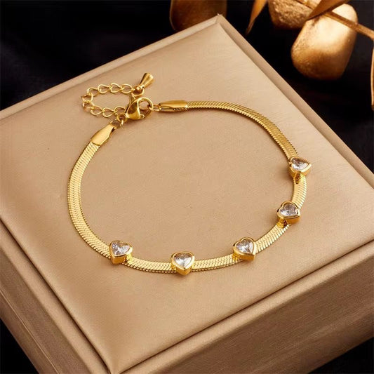 SJ 809 Clear Zircon heart Snake chain Bracelet - 18k Gold PVD plated stainless steel - Anti tarnish