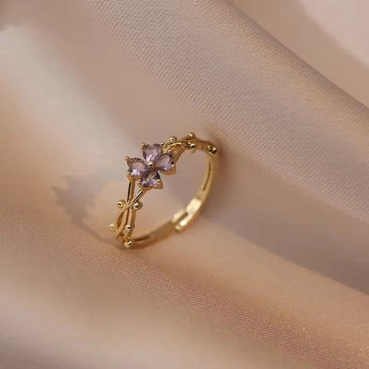 SJ 608 Purple Clover  flower zircon 18k Gold plated Ring adjustable - gold plated Brass - Anti tarnish
