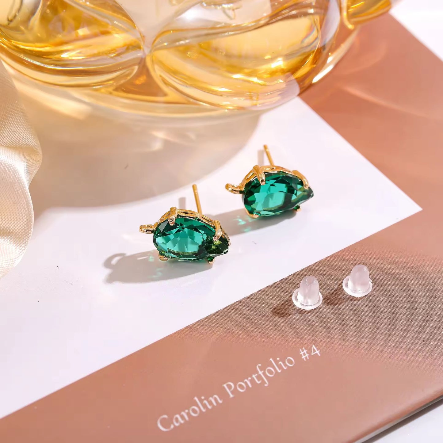 SS 2823 Green Faceted Teardrop Zircon stud 18k gold plated ( 2 pc ) Anti tarnish