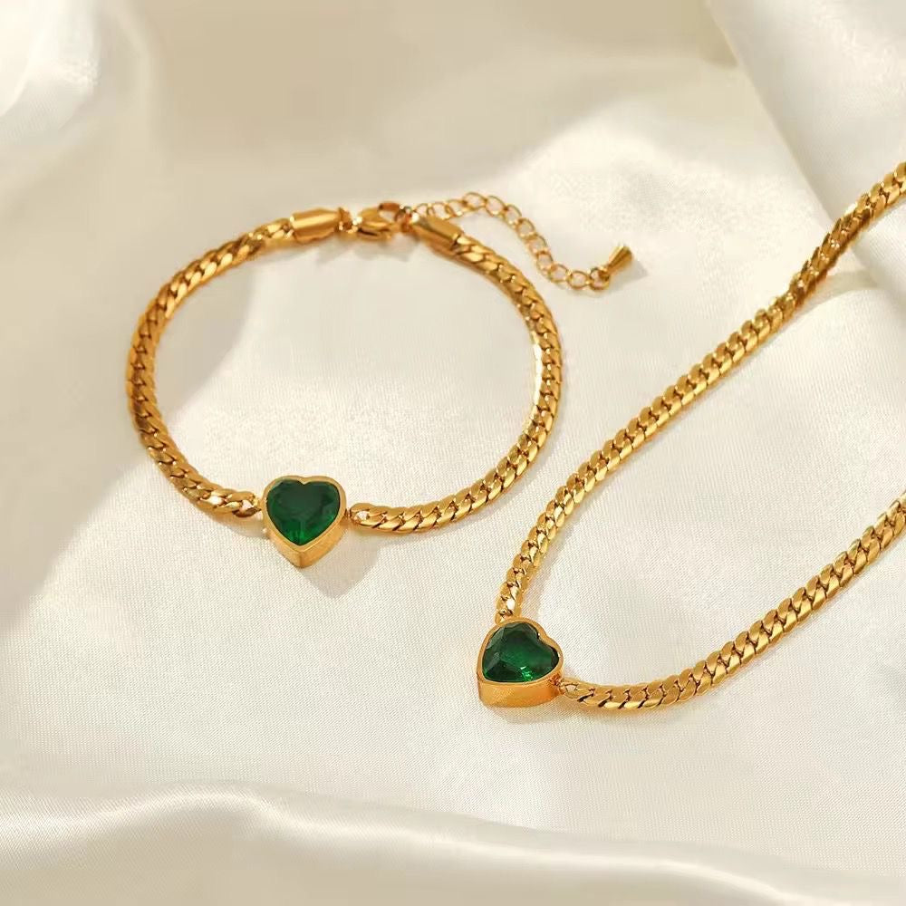 SJ 519 Emerald heart zircon snake chain bracelet - 18k Gold PVD plated stainless steel - Anti tarnish
