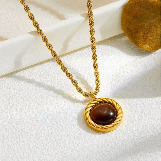 SJ 758 Tiger Eye stone Retro Twist Necklace - 18k Gold PVD plated stainless steel - Anti tarnish