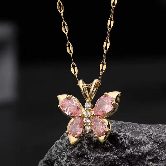 SJ 743 Minimalist Cute Pink Butterfly Zircon Necklace - 18k Gold PVD plated stainless steel - Anti tarnish