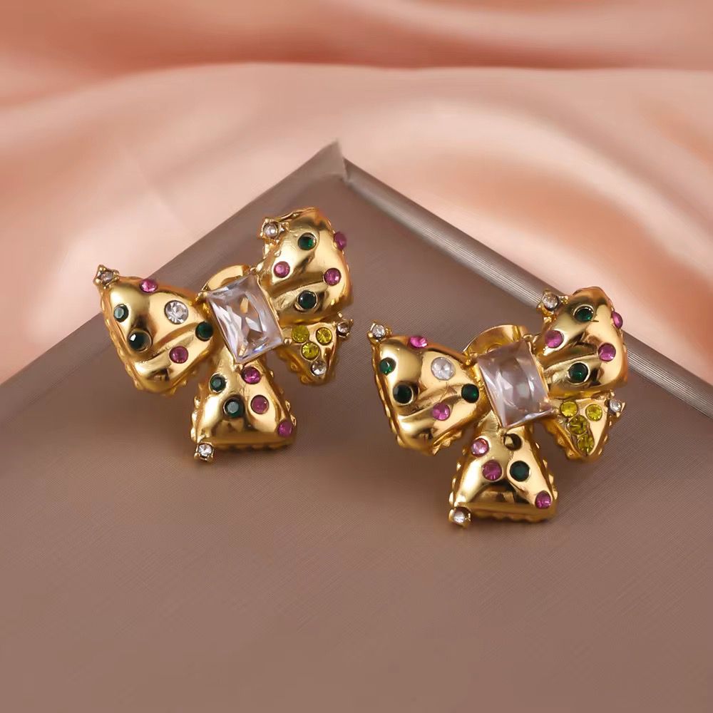 SJ 866 Colourful Zircon bow Premium stud - 18k Gold PVD plated stainless steel - Anti tarnish