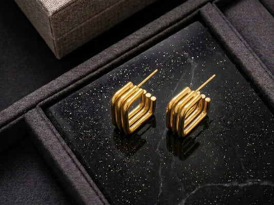 ESJ21B Square triple layer  EARRING - 18K GOLD PVD plated 316 stainless steel - Anti tarnish